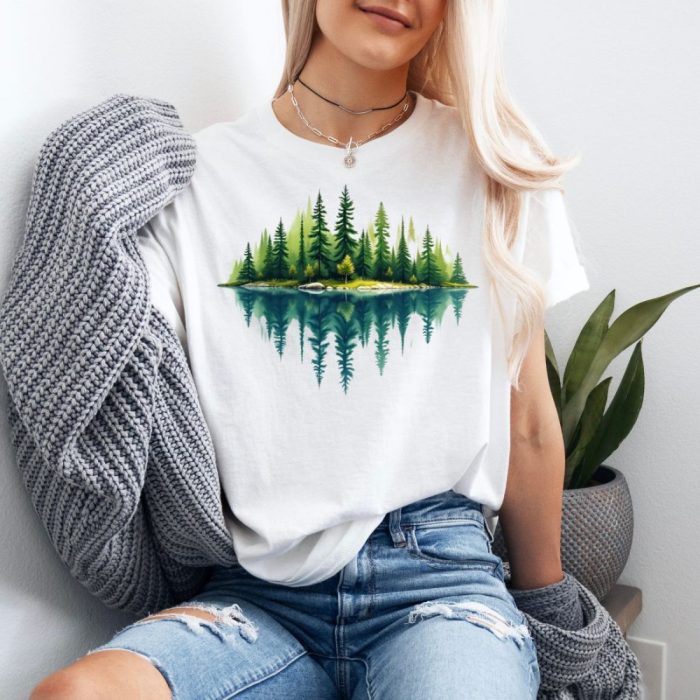Lakeside Forest Scene Reflection T-Shirt - Serene Nature-Inspired Unisex Tee